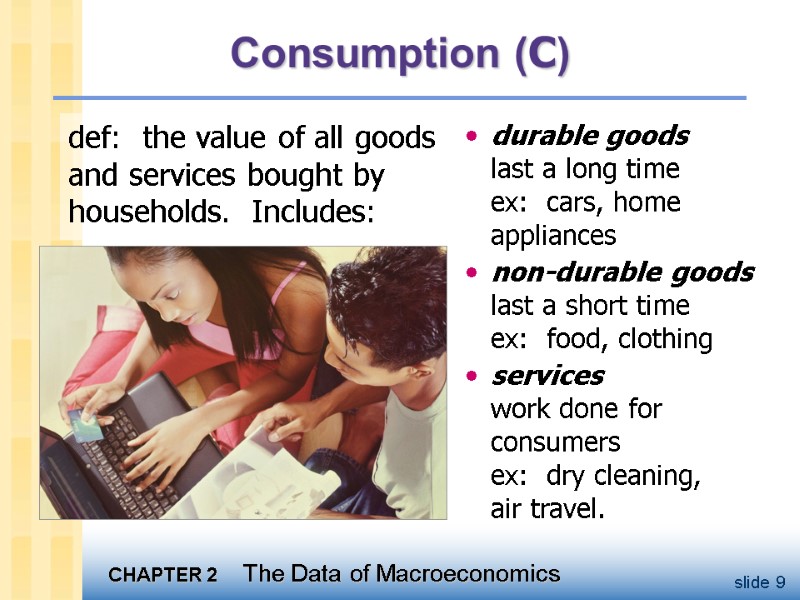 Consumption (C) durable goods  last a long time  ex:  cars, home